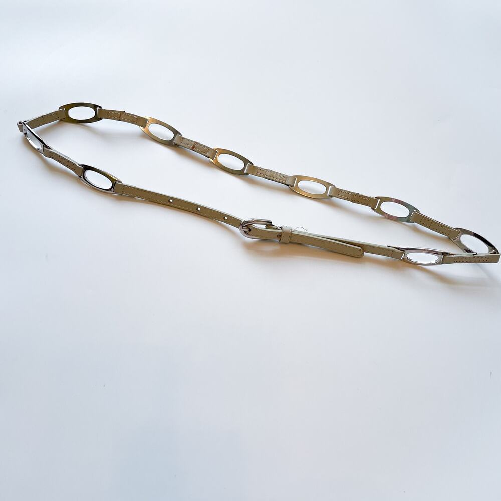 Vintage Y2K Cream Leather and Silver Chain Thin Waist Belt